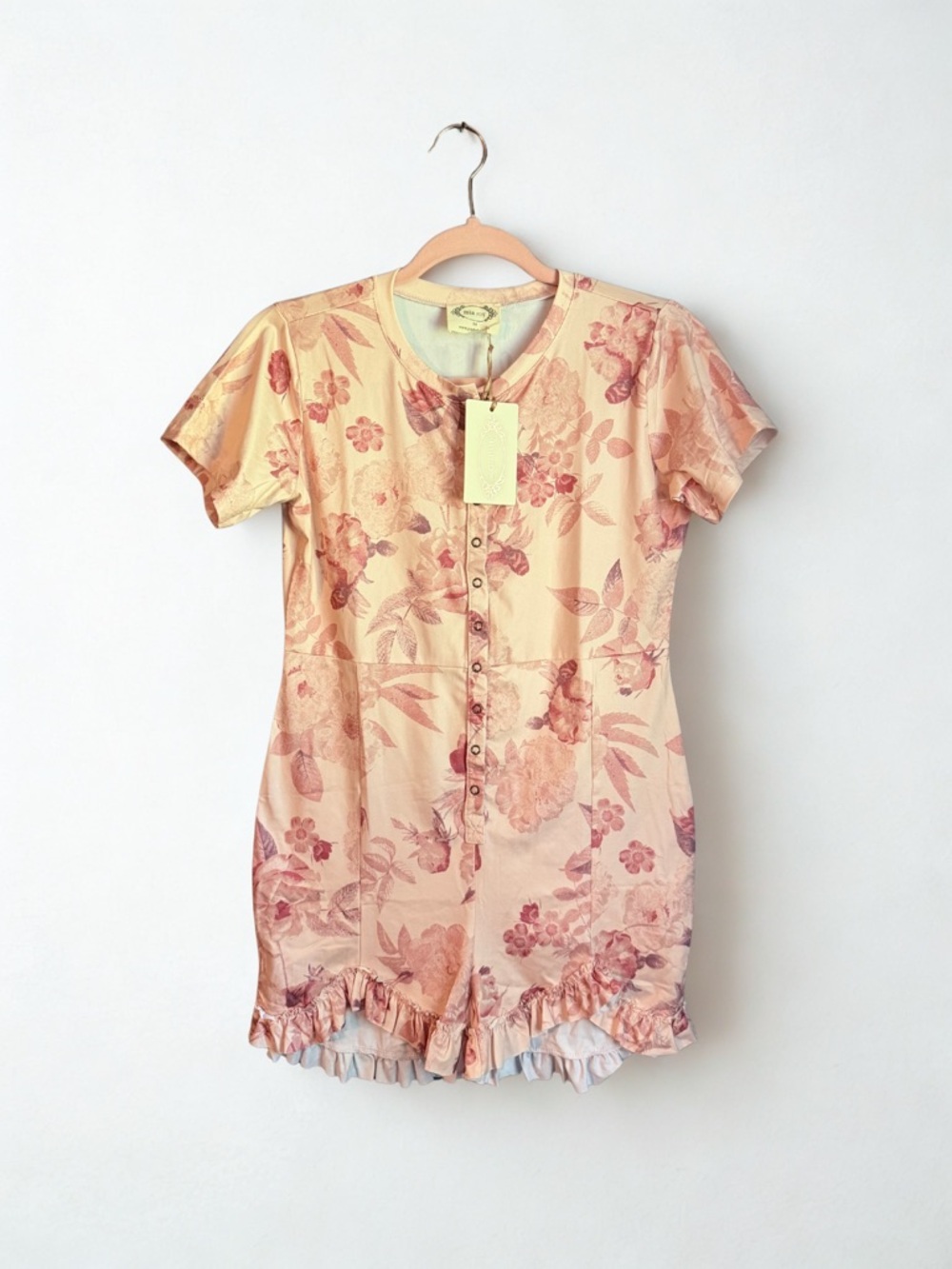 Joyfolie Pink/Peach Floral Short Sleeve Romper with Ruffle Hem